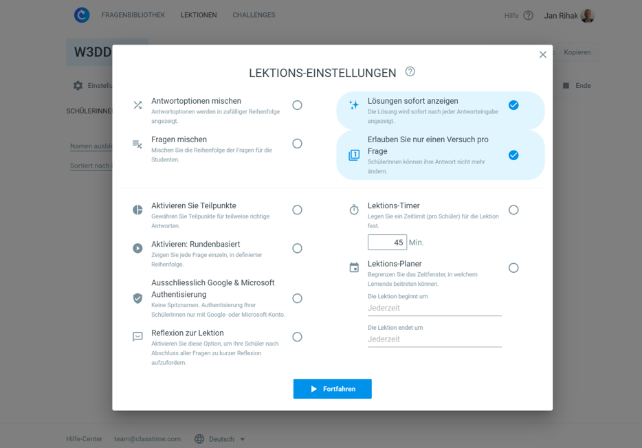 Detaillierte Lektionseinstellungen für digitalen Fernunterricht mit Classtime
