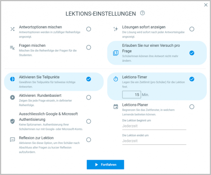 Spezifische Lektionseinstellungen in Classtime welche Lernfortschritt durch Micro-Assessments erzielen