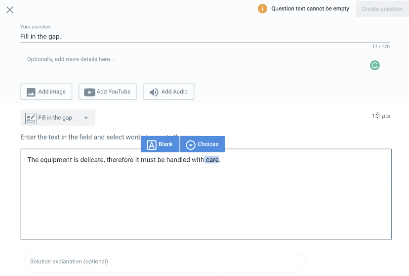 Fill In the Gap question type